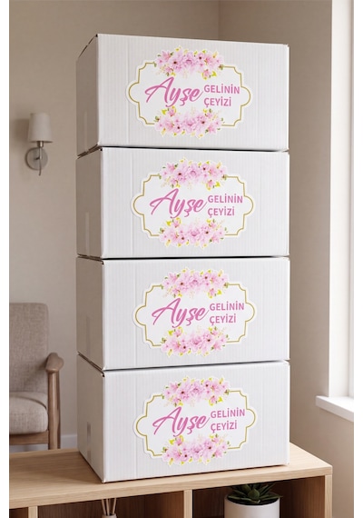 Kişiye Özel Çeyiz Kolisi Seti 52x35x28 Cm 10 Adet Beyaz Bc Dalga Koli + 10 Adet İsimli Sticker Diğer
