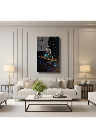 Kozmos Ve Astronot Cam Tablo Uzay Temalı Duvar Dekoru 60x90 Cm