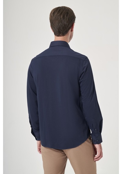 İmza Lacivert Tulum Yaka Uzun Kol Cepsiz Örme Slim Fit Pamuklu Gömlek 1004260208