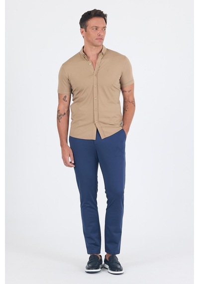 İmza Koyu Bej İtalyan Düğmeli Yaka Kısa Kol Cepsiz Slim Fit Gömlek 1004250255 Koyu Bej