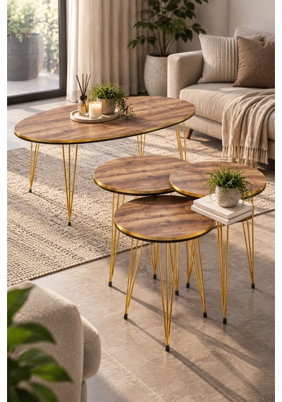 Sulorahome Ceviz Desenli Gold Tel Ayaklı 4'lü Sehpa Seti Altın - Kahverengi