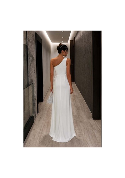 Lior Design Kadın Sade Tek Omuz Kemerli Maxi Abiye Elbise Beyaz