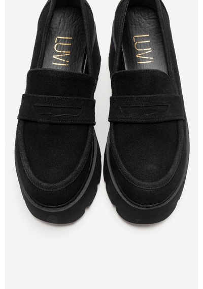 Luvishoes Santıa Siyah Süet Kadın Kalın Tabanlı Loafer Ayakkabı Siyah