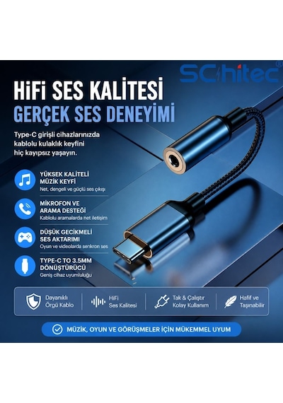 Schitec Type-c To 3.5mm Aux Dönüştürücü Adaptör Hifi Stereo Ses 10cm Siyah Hg/axt-02