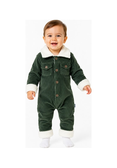 Chicsy Baby Tatlı Premium Çizgili Kadife İçi Peluşlu Welsoft Detaylı Düğmeli Cepli Erkek Bebek Tulum Haki