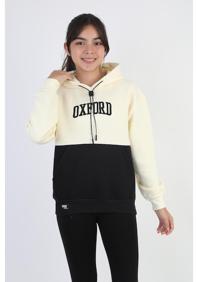 Kapşonlu Oxford Baskılı Kanguru Cepli Kız Çocuk Sweatshirt-90864 Krem