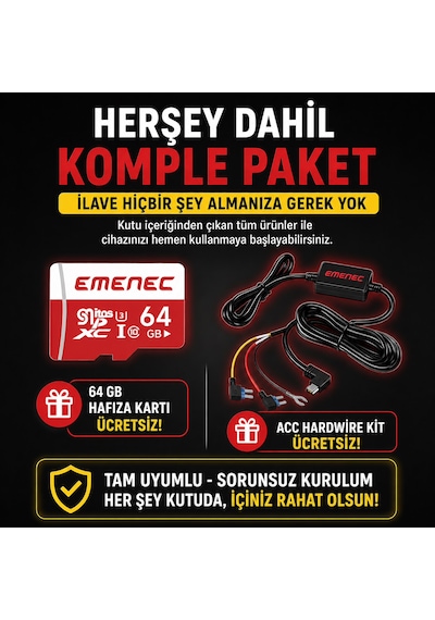 Emenec Eak-4100 4k Ultra Hd Akıllı Çift Araç İçi Kameras Seti - Türkçe Menü Ve Uygulama, Gps, Wi-fi, Park Modu + 64gb Kart