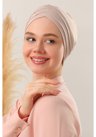 Melodi Scarf Kadın Üç Bantlı Çapraz Hazır Türban Dış Bone Taş Rengi Siyah
