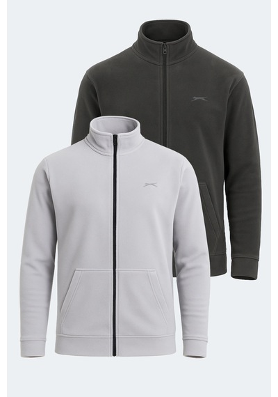 Slazenger Sansa 2 Li Set Erkek Fermuarlı Dik Yaka Cepli Gri - Koyu Gri Polar Gri - Koyu Gri