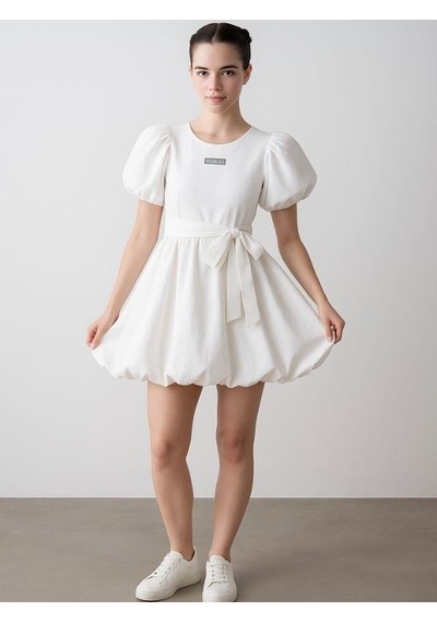 Kız Çocuk Poplin Balon Tasarım Elbise-15794 Ekru