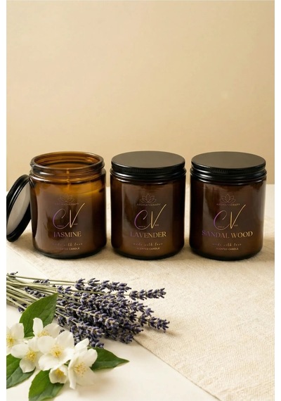 3 Lü Amber Cam Kavanoz Aromaterapi Mum Seti Yasemin-sandal Ağacı-lavanta Amber
