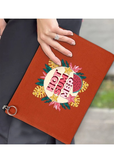 Bk Gift Yaz Temalı-8 Astarlı Kiremit Portföy Çanta 30x21cm, Baskılı El Çantası, Organizer Çanta Çok Renkli
