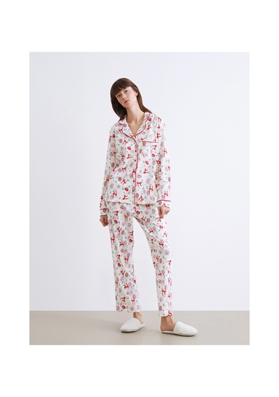 Lcw Dream Ekru Gömlek Yaka Yılbaşı Temalı Kadın Pijama Takımı