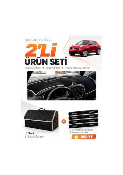 Nissan Juke 2010-2019 Uyumlu Torpido Örtüsü + Deri Bagaj Çantası + Sticker Seti - Siyah Bej