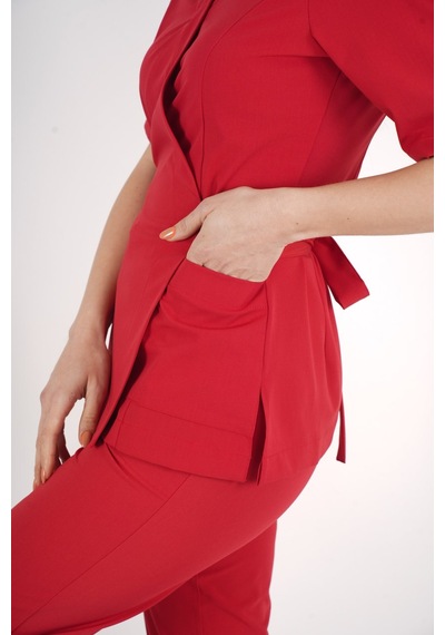 Kırmızı Elegant Model Cerrahi Üniforma Belden Bağlamalı Scrubs Takım Kırmızı