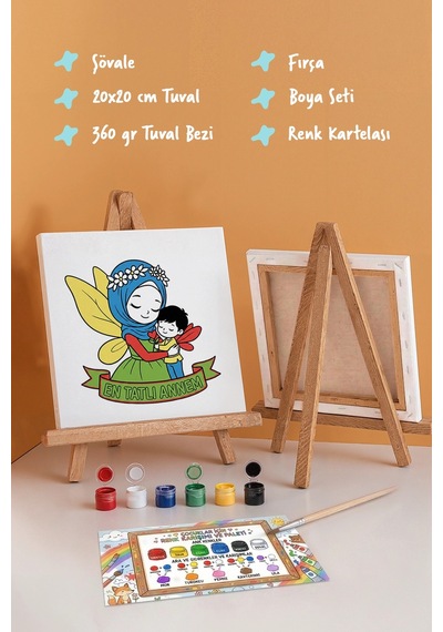 En Tatlı Annem Yazılı Eğitici Boyama Tuvali Şövaleli Boya Seti 20x20 Cm