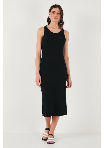 Lela Fitilli Slim Fit Bisiklet Yaka Yırtmaçlı Midi Boy Bayan Elbise 5866101 Siyah
