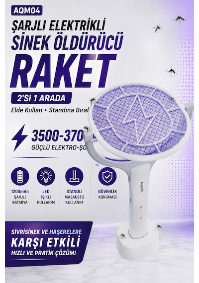 Aqm04 Şarjlı Elektrikli Auhma Sinek Öldürücü Raket 3500-3700v , Standlı Masaüstü Kullanım, Led Işıklı, 1200mah