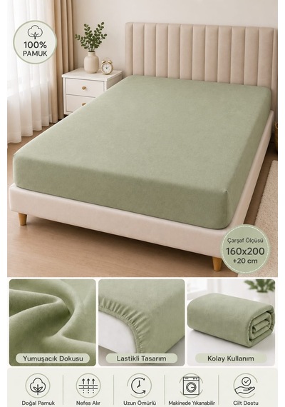 Barley Ogi Pamuklu Lastikli Çarşaf Çift Kişilik 160x200 + 20 Cm Yeşil