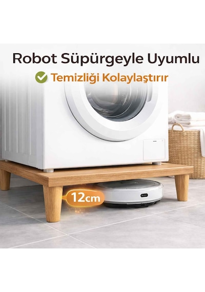 İmt Aksesuar Çamaşır Makinesi Yükseltici Platform 60x60x12 Cm Açık Meşe Robot Süpürge Uyumlu Ti Standart
