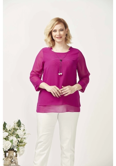 Moda Berray 1934 Kolyeli Şifon Büyük Beden Şık Bluz Fuşya Fuşya
