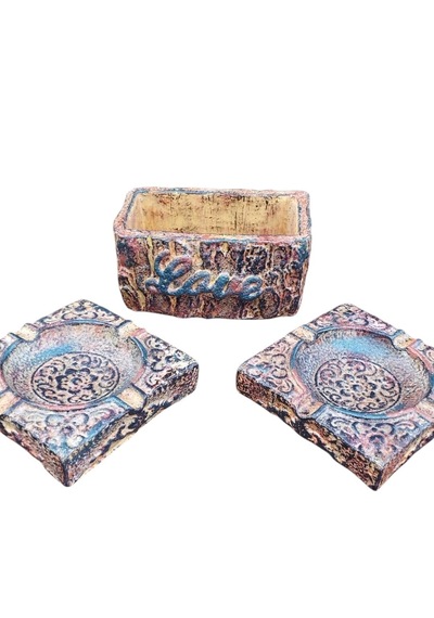 Hediyemiks 3 Lü Dekoratif Kase Seti Küllük & Saksı -vintage Eskitme El Yapımı Tasarım