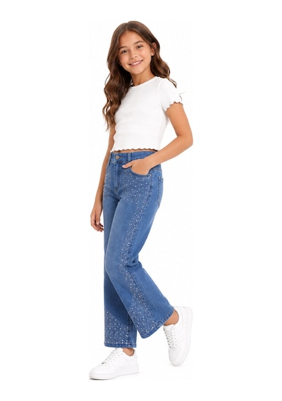 İrem Çocuk Giyim Kız Çocuk Üzeri Taş Detaylı Beli Lastik Ayarlamalı Cepli Geniş Paça Model Likralı Mavi Renk Kot Pantolon Mavi İrem Çocuk Giyim Kız Çocuk Üzeri Taş Detaylı Beli Lastik Ayarlamalı Cepli Geniş Paça Model Likralı Mavi Renk Kot Pantolon Mavi