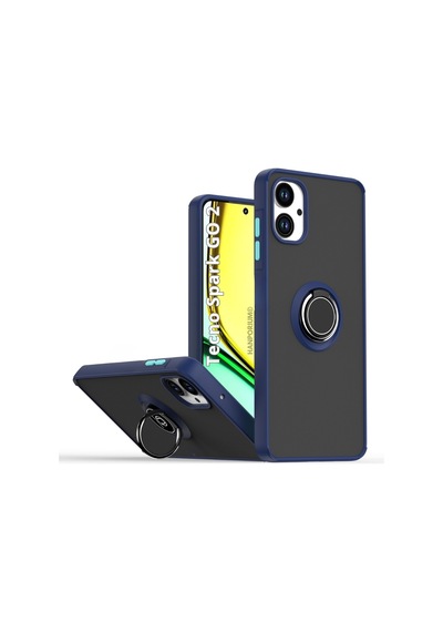 Tecno Spark Go 2 Uyumlu Kılıf Yüzüklü Standlı Extra Darbe Koruma Sert Silikon Kapak - Lacivert