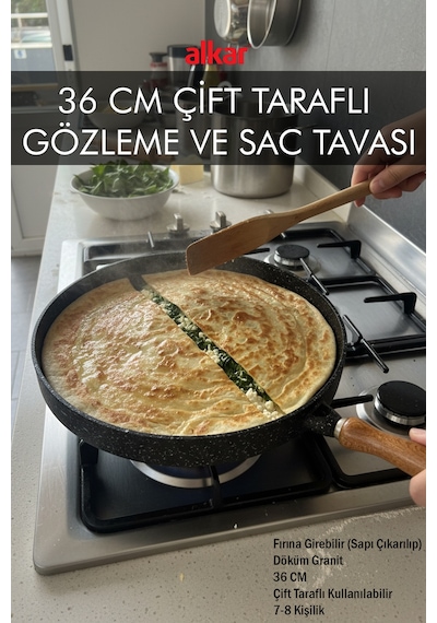 36 Cm Çift Taraflı Sapı Çıkarılıp Fırına Atılabilir Gözleme Ve Et Pişirme Izgara Tavası Döküm Granit Siyah