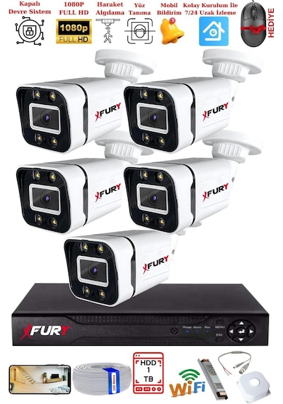 Fury 5 Kameralı 1080p Görüntü Gece Renkli Full Hd 4 X Ultra Led Gece Renkli Güvenlik Kamerası Seti 1tb