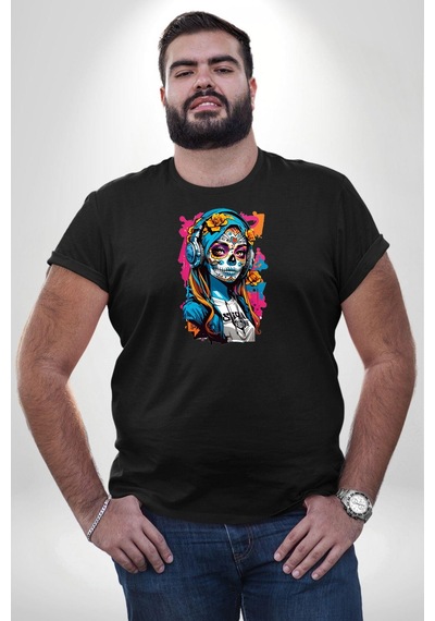 Angemiel Kulaklık Müzik Dinleyen Kız Siyah Büyük Beden Erkek Kadın Unisex Basic Ön Baskılı Tişört Siyah