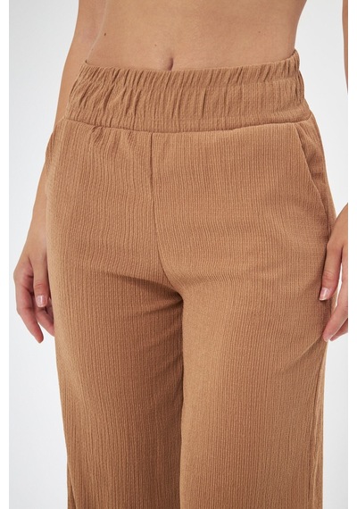 Thiff Gymwear Siyah Beli Lastikli Bol Paça Çift Cepli Yüksek Bel Bürümcük Örme Kadın Pantolon Camel