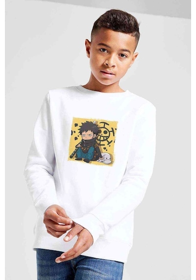 Tshirthane Anime One Piece Luffy Run Baskılı Unisex Çocuk Beyaz Sweatshirt Beyaz