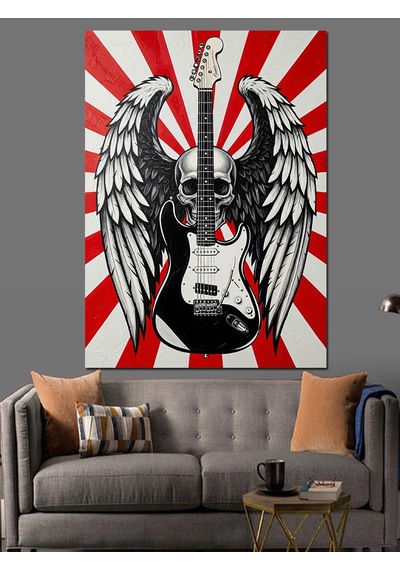 Kanatlı Kurukafa Ve Gitar Rock Konser Posteri Dekoratif Kanvas - Mdf Ahşap Tablo