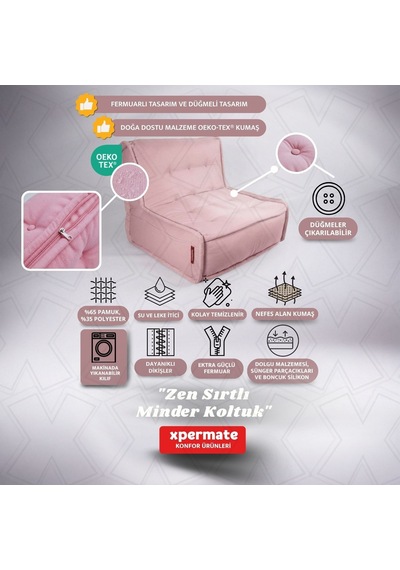 Xpermate Zen Sırtlı Minder İskandinav Tarzı Minder 80x60 Pembe