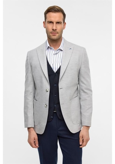 Süvari Gri Slim Desenli Mono Yaka 6 Drop Ceket Gri