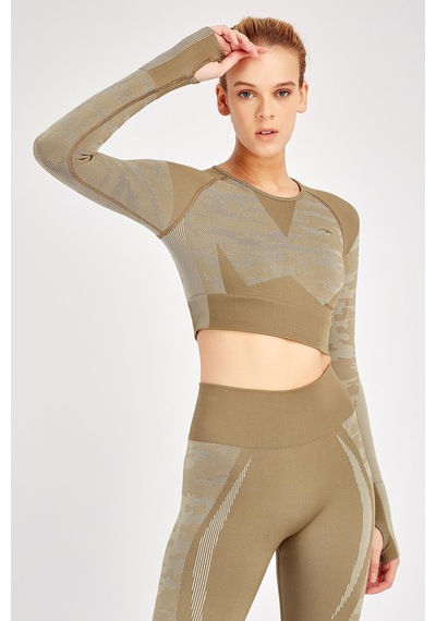 Maraton Active Slimfit Kadın Bisiklet Yaka Uzun Kol Fitness Haki Crop Top 816013 Haki