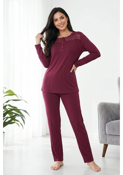 Mataş Kadın Dantelli Bambu Viskon Uzun Kollu Mevsimlik Soft Örme Yumuşak Pijama Takımı Bordo