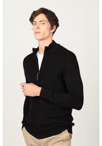Tudors Slim Fit Dar Kesim Kendinden Desenli Erkek Hırka-25554 Siyah