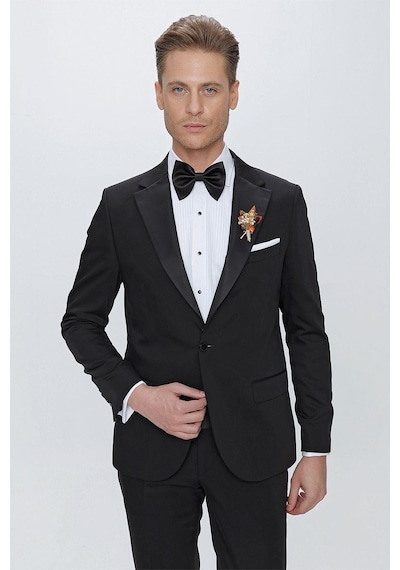 Efor Black 061 Slim Fit Çıkarılabilir Saten Yaka Siyah Damatlık Smokin Takım Siyah