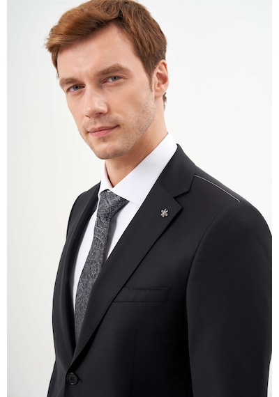 Morven Erkek Siyah Yünlü Platinium Düz Desen Slim Fit Mono Yaka Takım Elbise 24mc001134001 Siyah