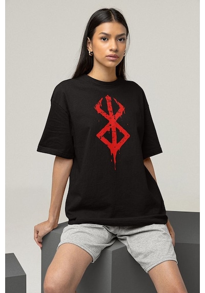 Berserk Logo Baskılı Unisex Tişört, Oversize Anime Dizi Baskılı T Siyah