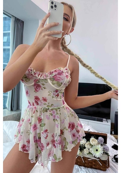 Merry See Çicek Desenli Özel Tasarım Gecelik Babydoll 001