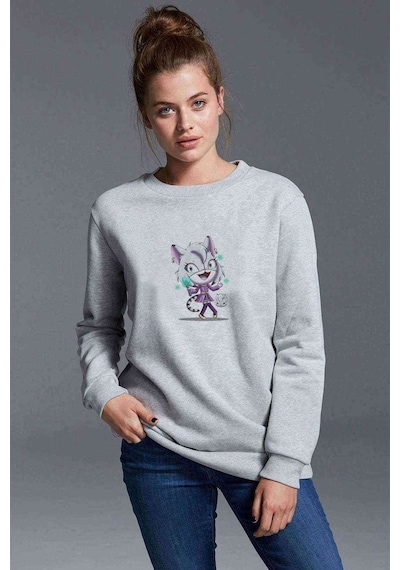 Kiss Cat Technology Baskılı Gri Kadın Sweatshirt