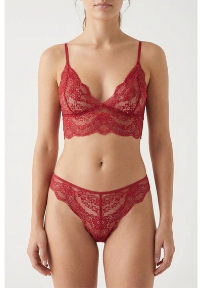 Bordo Dantel Detaylı İp Askılı Kapsız Bralet İç Giyim Seti