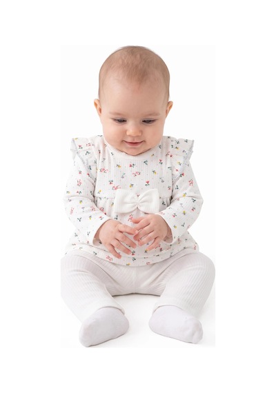 Bebegen Kız Bebek Ekru Renkli Minik Çiçek Desenli Fırfırlı Pijama Takımı