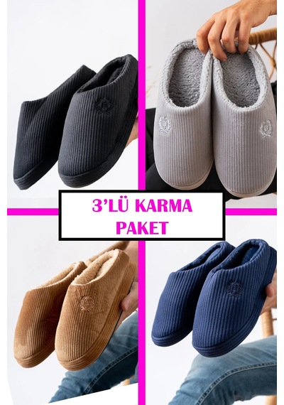 Stwenn 3 Lü Avantajlı Paket Kışlık Peluş Desenli Sessiz Ortopedik Taban Çeyiz Misafir Ev Terliği Set 3 Lü Kadife