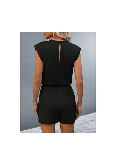 Butik İstanbul Kadın Kısa Kollu Vatkalı Belden Bağcıklı Kısa Viskon Tulum Siyah