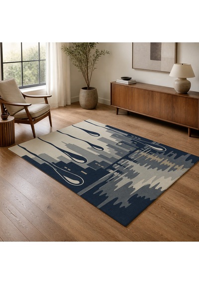 Kartela Halı Yağmur Şehir Silüetli Modern Halı Lacivert Kaymaz Taban Makinede Yıkanabilir 160x240 Cm
