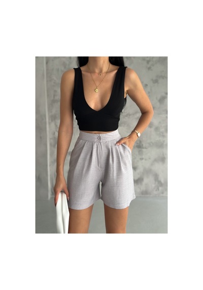 Winmoda34 Kadın Trend Keten Şort 2 Cep Gri